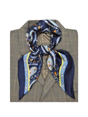 Elegant Navy Blue Floral Paisley Silky Satin Square Scarf Fashion Neck Accessory